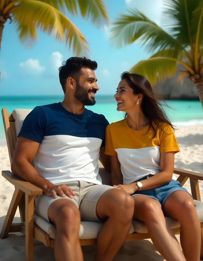 Navy-White Mustard-White Couple Contrast Color Block Couple Tshirts