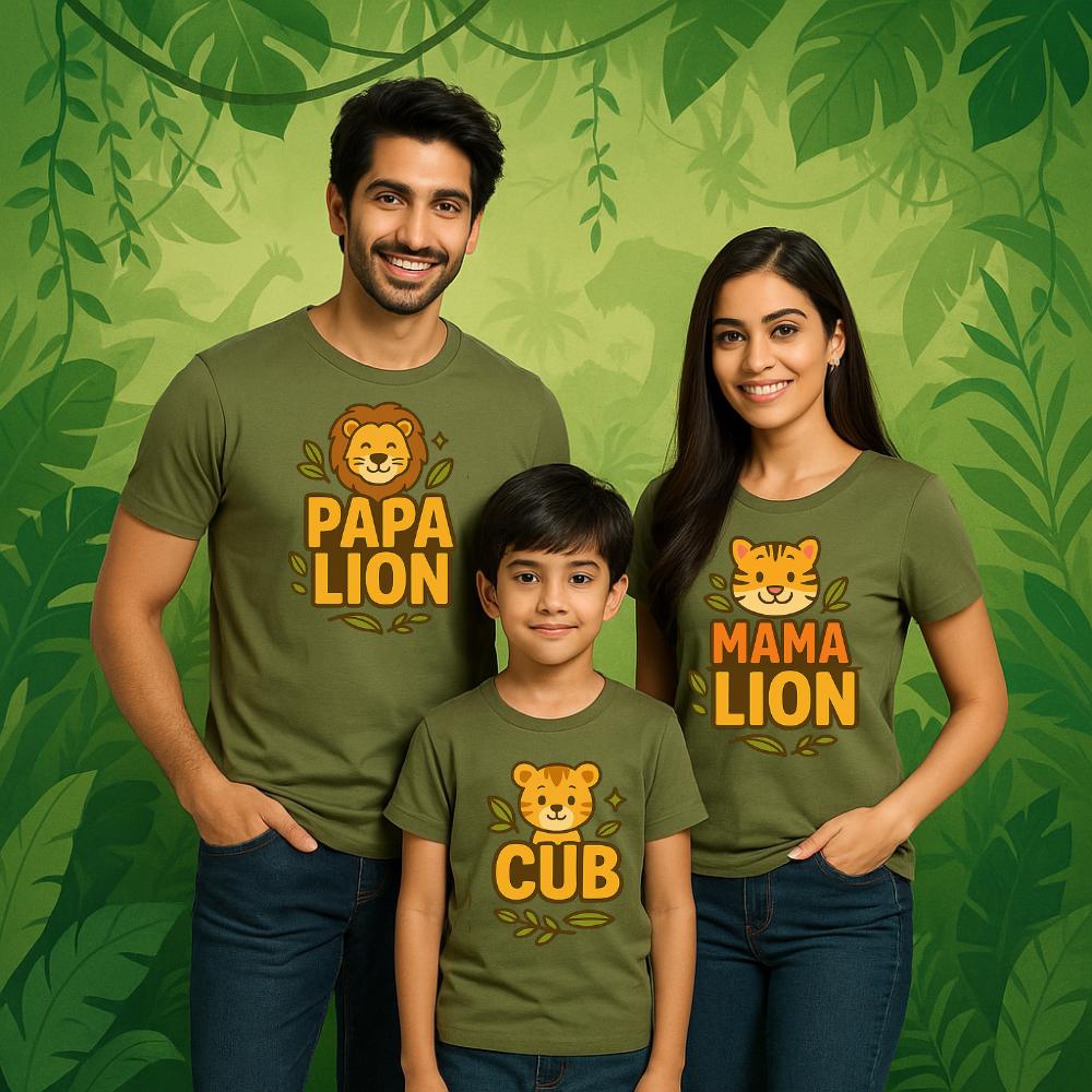 Family t shirts set of 3 online Light Olive green Cub Printed family Tees 