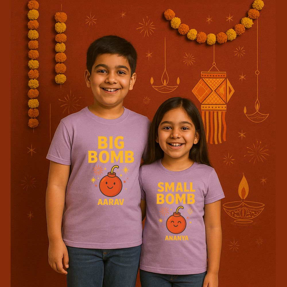 Diwali Matching Siblings T-shirts Lavender with bomb-themed designs 