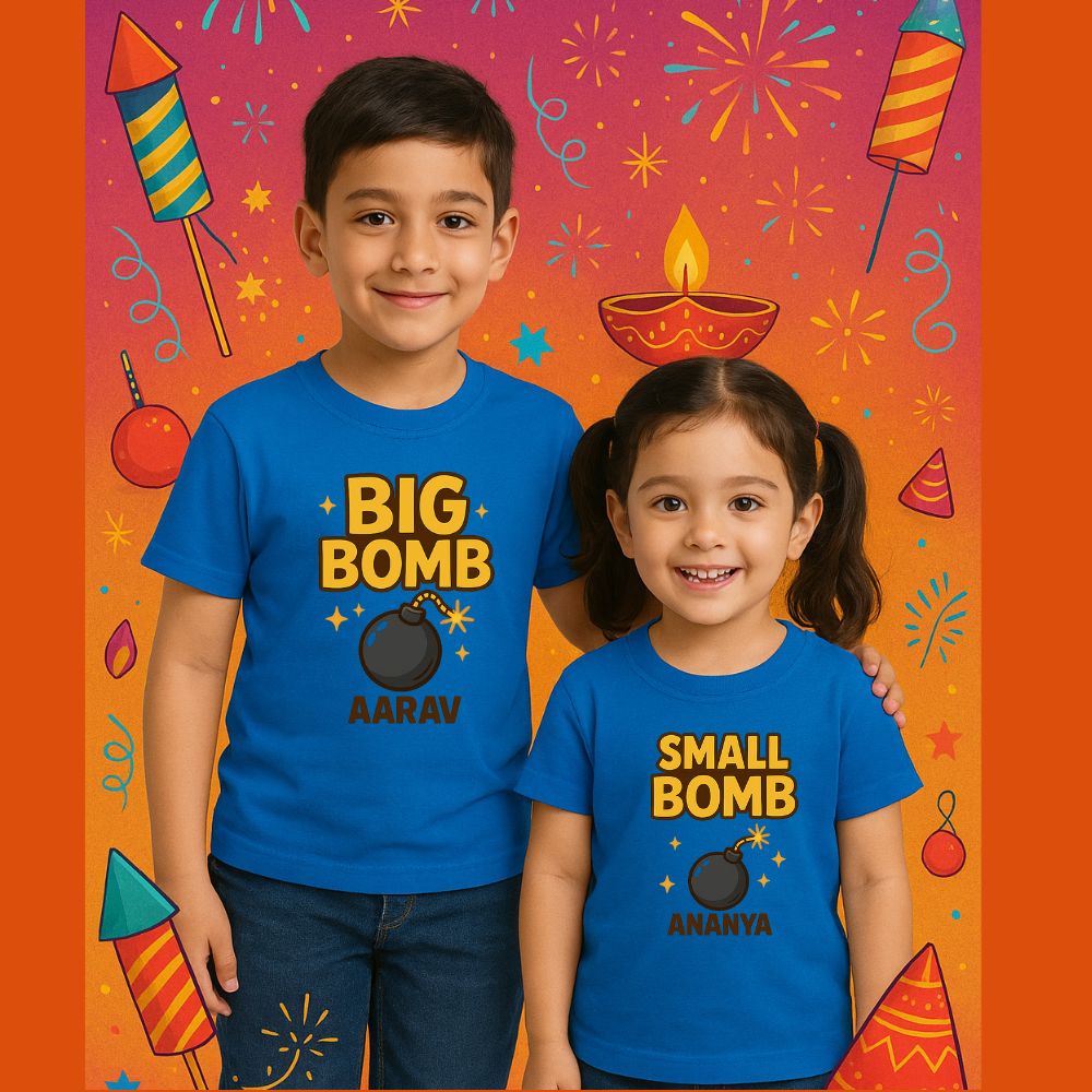 Diwali Matching Siblings T-shirts Royalblue with bomb-themed designs 