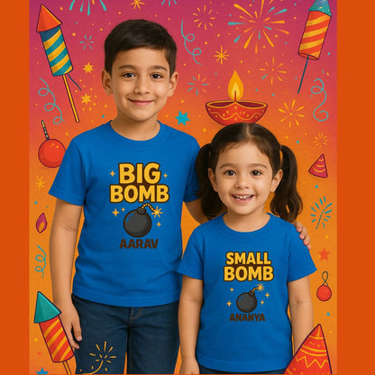 Diwali Matching Siblings T-shirts Royalblue with bomb-themed designs 