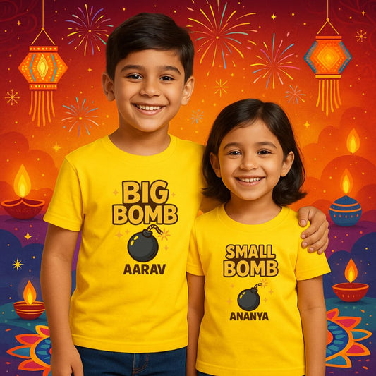 Diwali Matching Siblings T-shirts yellow with bomb-themed designs 