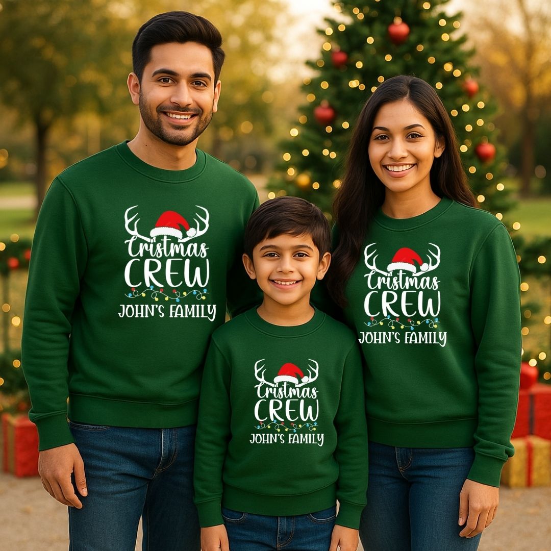 Family Matching Bottlegreen  Sweatshirts with 'Christmas Crew' text 
