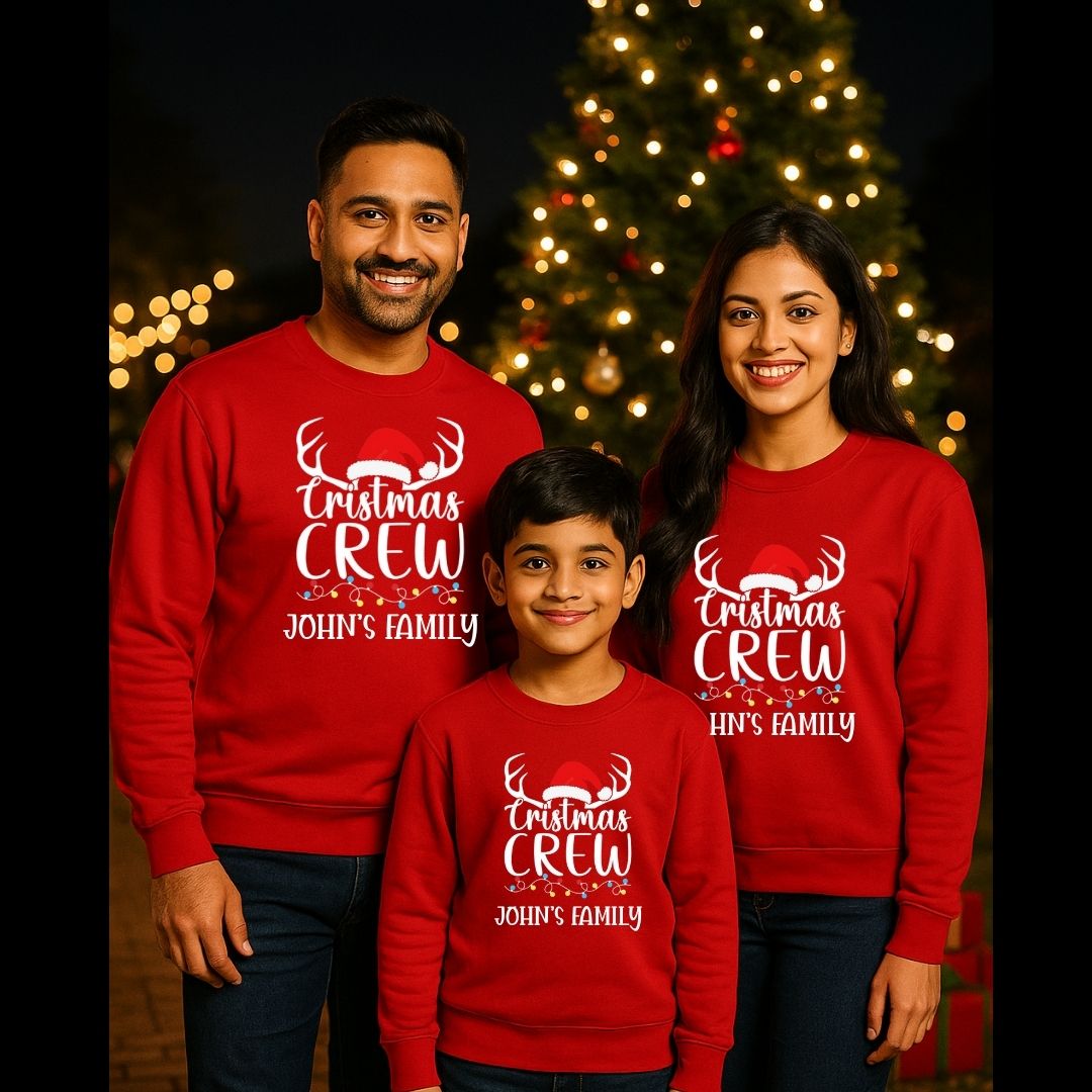 Family Matching Red Sweatshirts with 'Christmas Crew' text 
