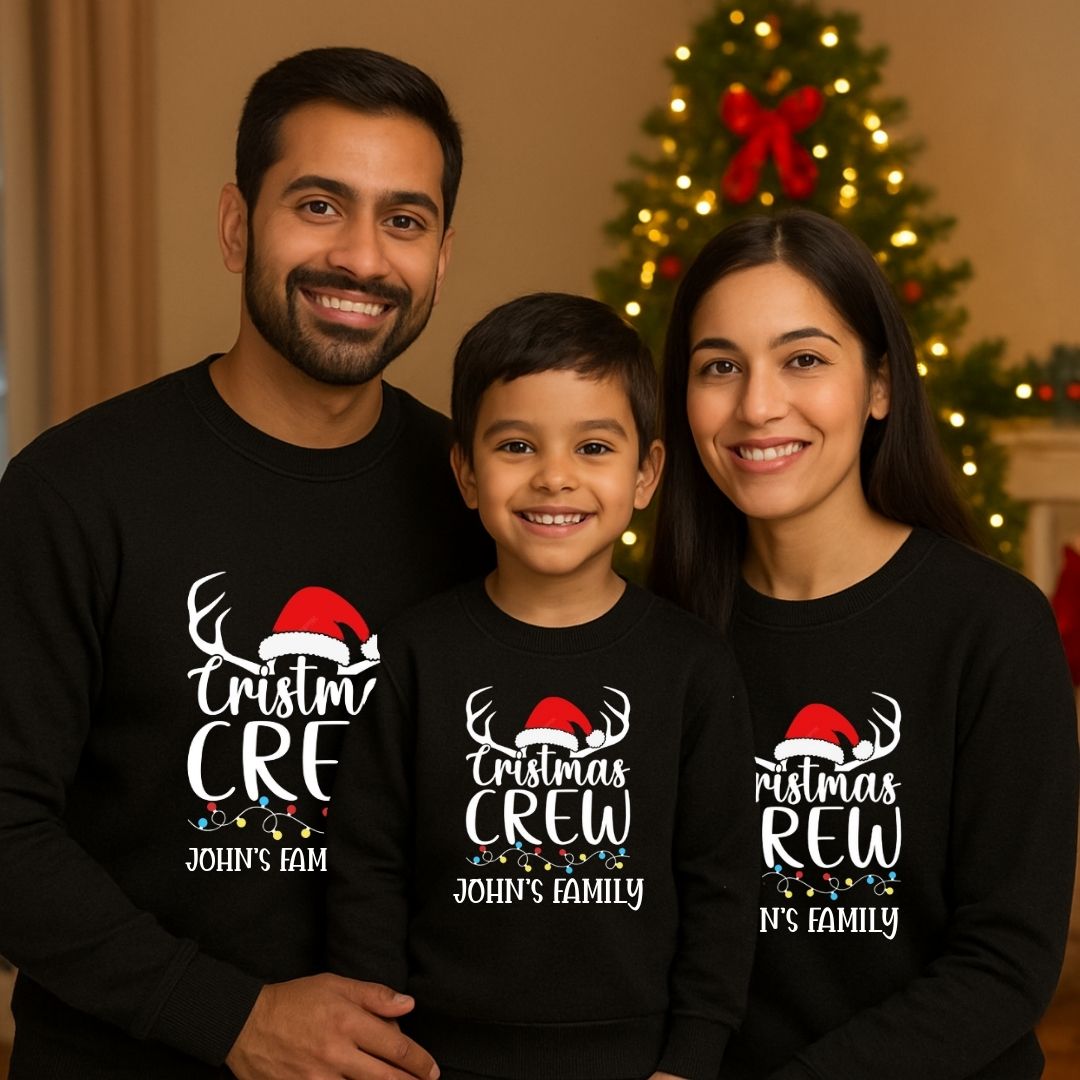 Family matching black sweatshirts with 'Christmas Crew' text 