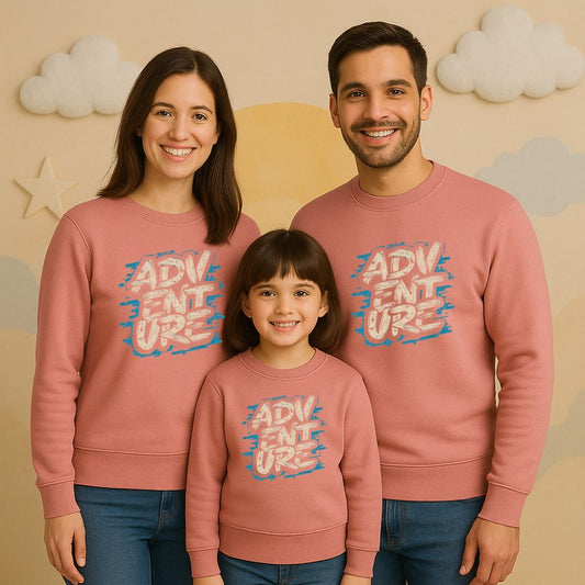 Family matching dustypink sweatshirts with 'ADVENTURE' text
