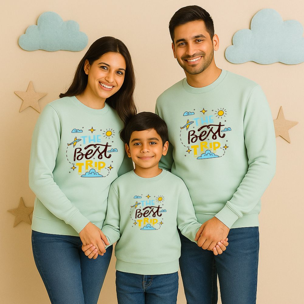 Family matching pastel mint sweatshirt with 'The Best Trip' text 