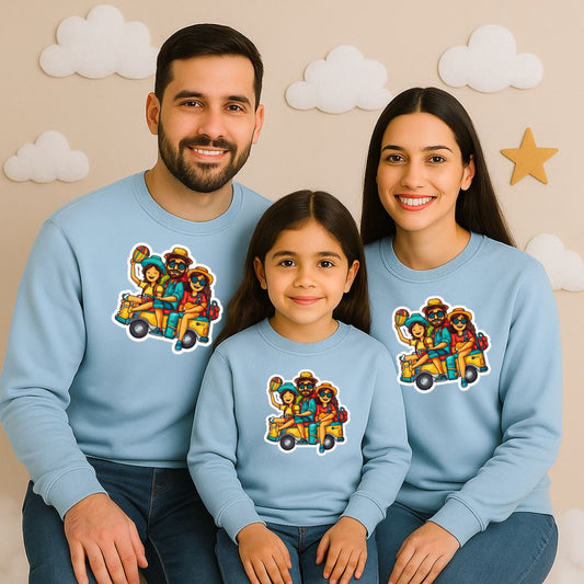 Family matching pastelblue sweatshirts with a colorful design 