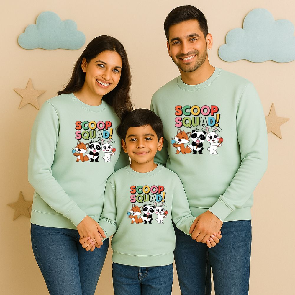 Family matching sweatshirts pastelmint with 'Scoop Squad' design 