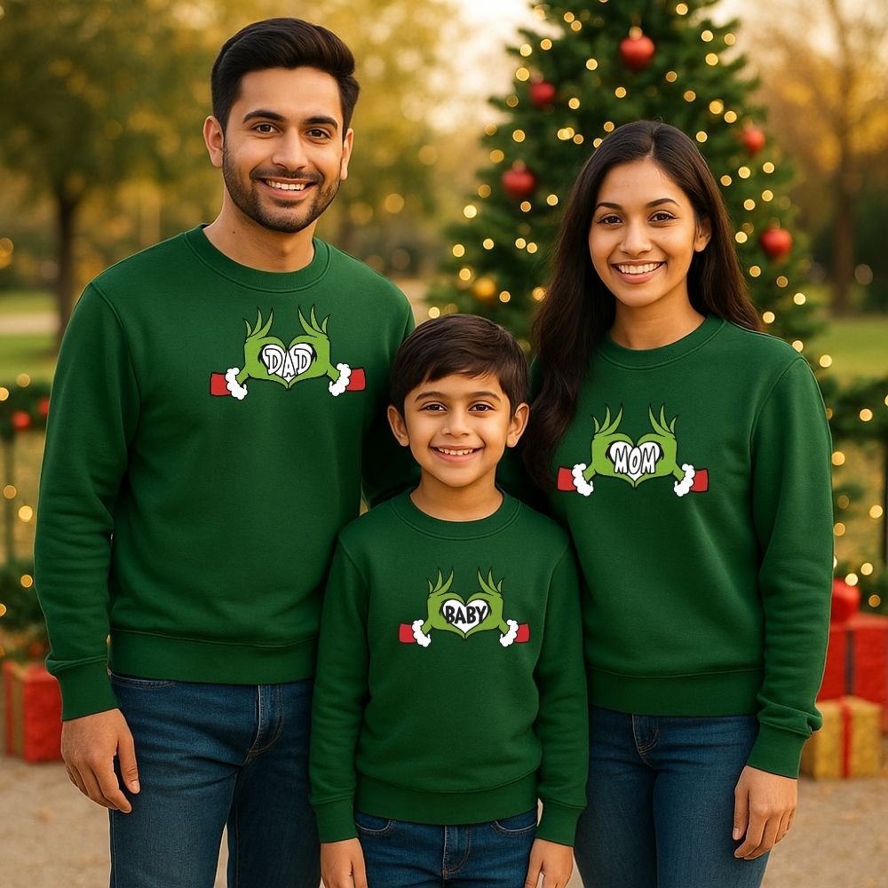 Family of three wearing Bottlegreen sweatshirts with a Christmas tree design 