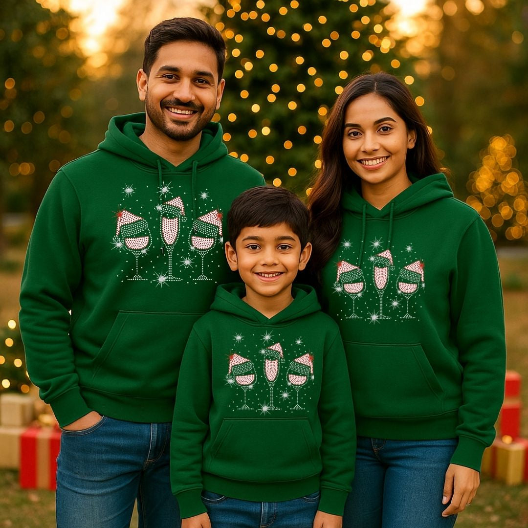 Family of three wearing matching Bottlegreen hoodies with a festive design