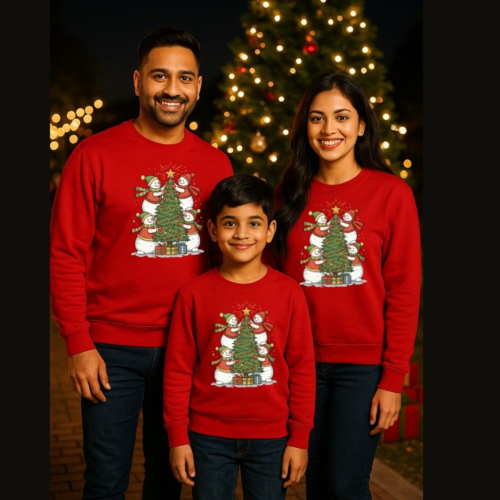 Family of three wearing matching Red Christmas-themed sweatshirts 