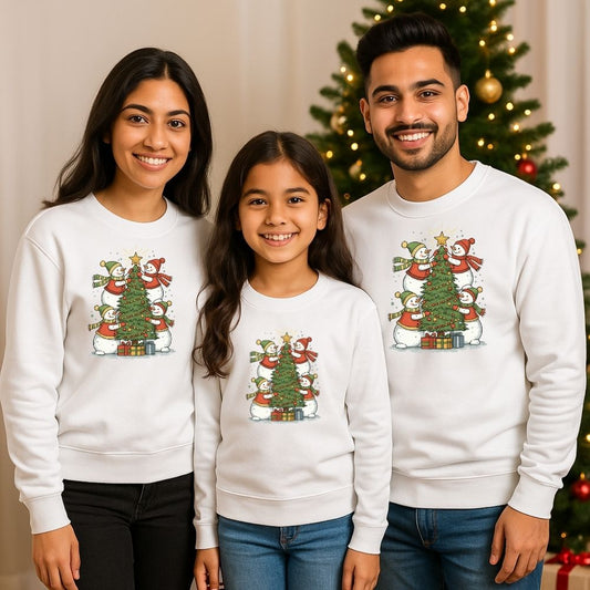 Family of three wearing matching white Christmas-themed sweatshirts 
