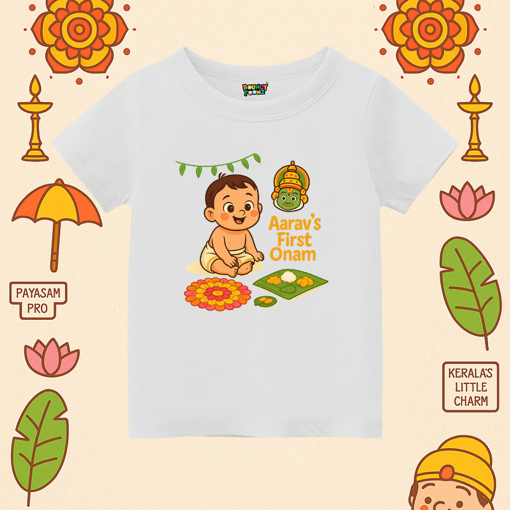 First Onam Special Print with Pookalam Kathakali Sadya Kids Tshirt  