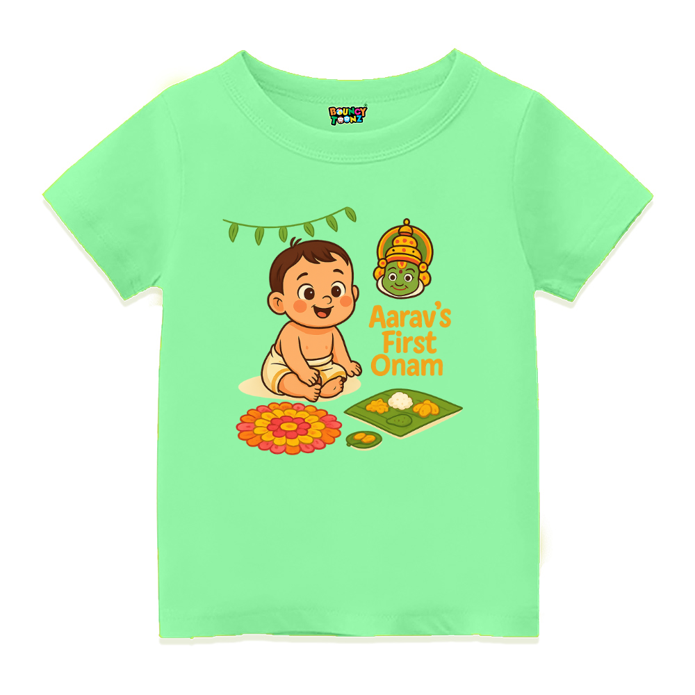 First Onam Special Print with Pookalam Kathakali Sadya Kids Tshirt  Mintgreen