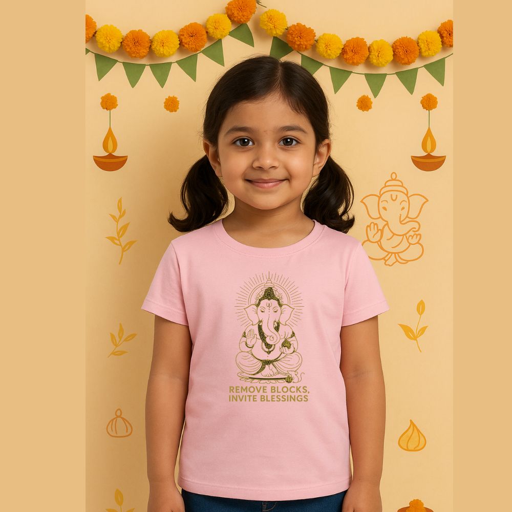 Ganpati Blessings Kids T-Shirt – Remove Blocks, Invite Blessings | PastelPink Cotton Tee