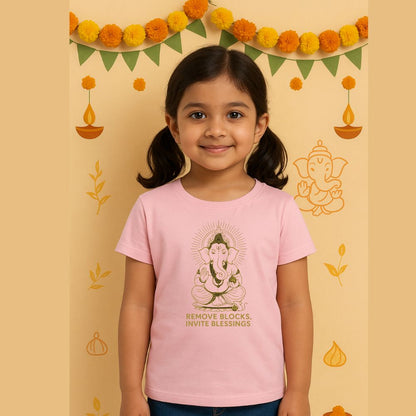 Ganpati Blessings Kids T-Shirt – Remove Blocks, Invite Blessings | PastelPink Cotton Tee