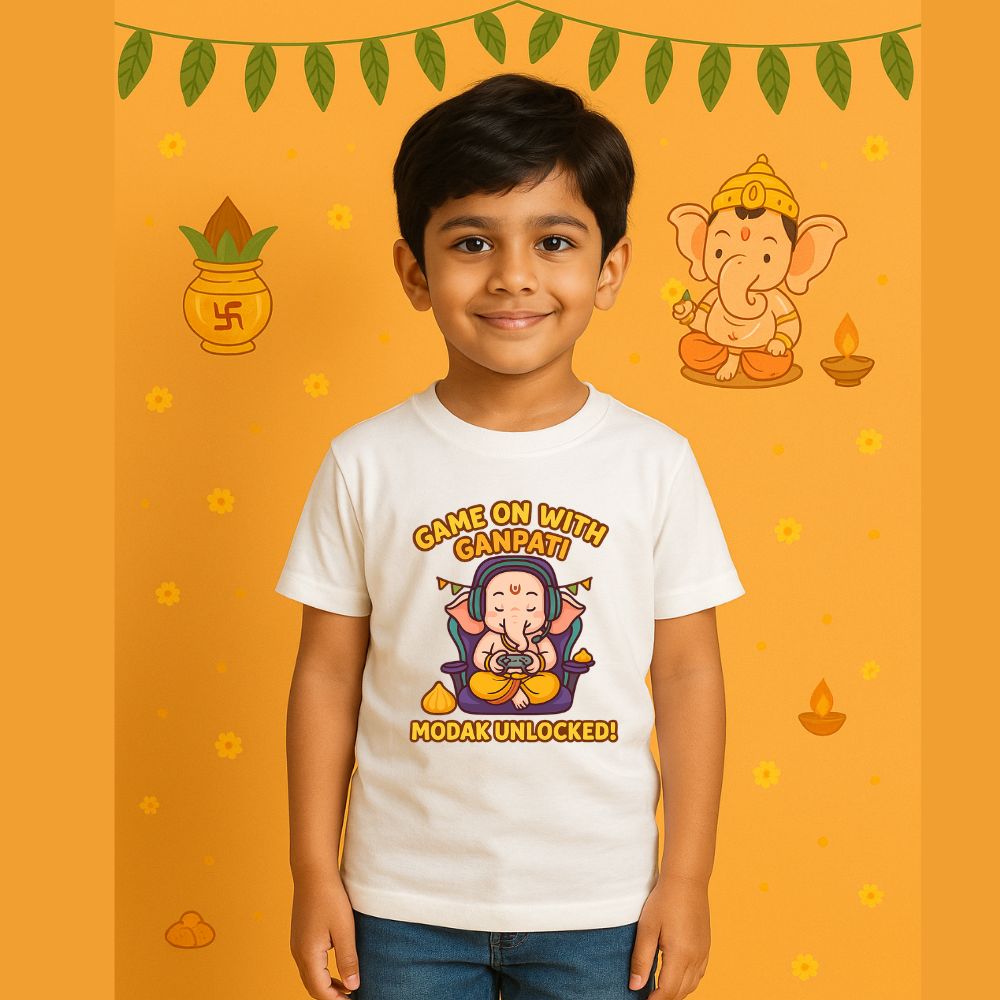 Game On with Ganpati Kids T-Shirt – Modak Unlocked! White Cotton Tee for Festive Fun