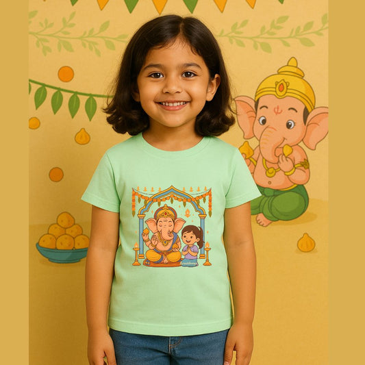 Devotional Ganesha Kids T-Shirt – Mint Green Vinayagar Chaturthi Tee for Boys & Girls