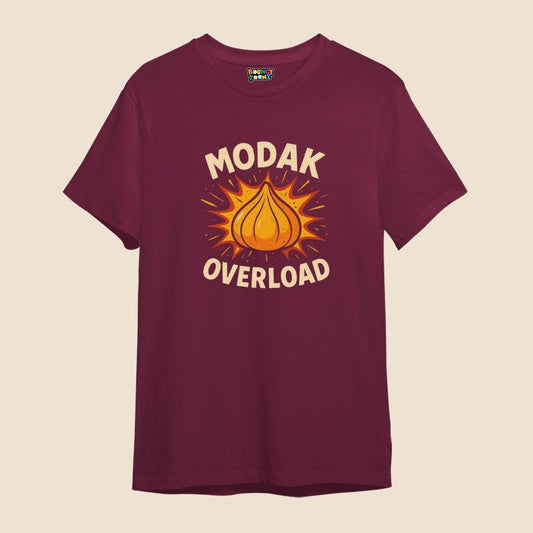 Maroon t-shirt with 'Modak Overload' for Ganesh Chathurthi