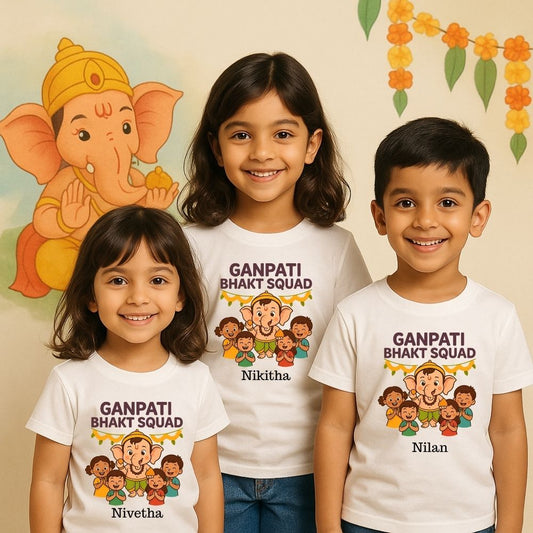 'Ganpati Bhakt Squad' t-shirts with a cartoon design and an elephant for Ganesh chathurthi