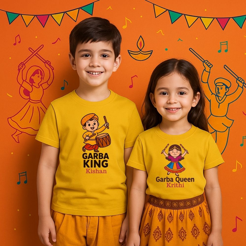'Garba King' and 'Garba Queen' Siblings  Matching Tshirt Mustard