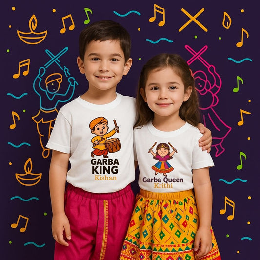 'Garba King' and 'Garba Queen' Siblings  Matching Tshirt White