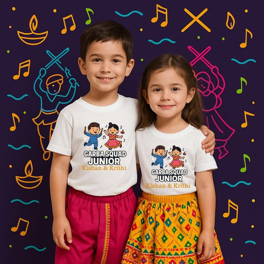 'Garba Squad Junior' Navratri Siblings T-shirts White