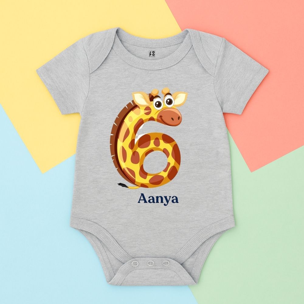 Gray baby onesie with a giraffe