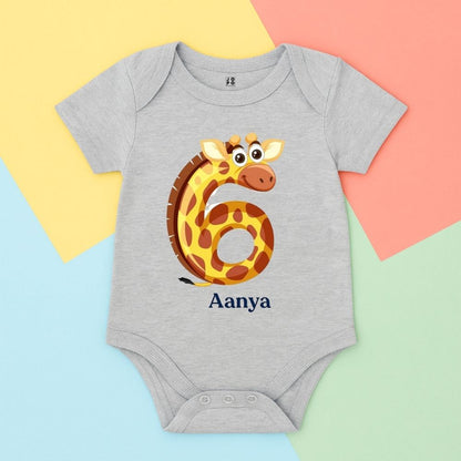 Gray baby onesie with a giraffe