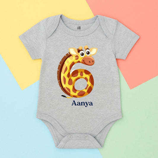 Gray baby onesie with a giraffe