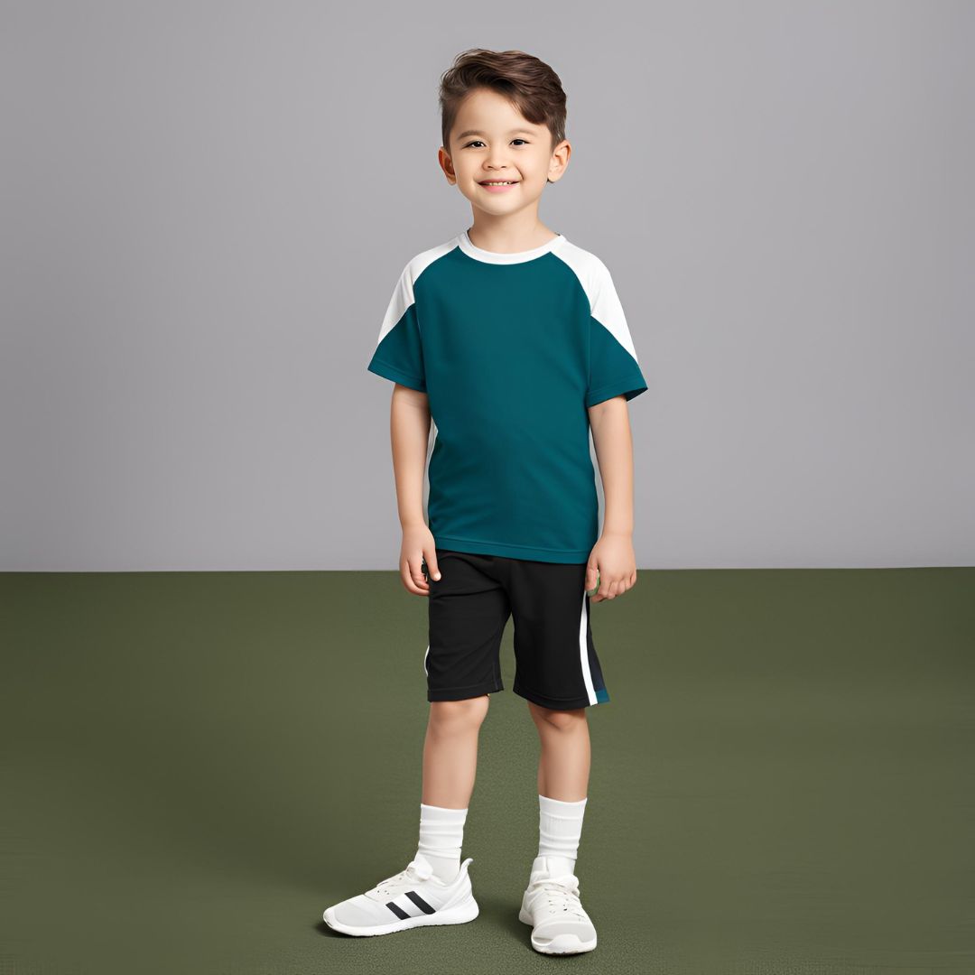 Black and Green Kids Sports Jersey with Shorts