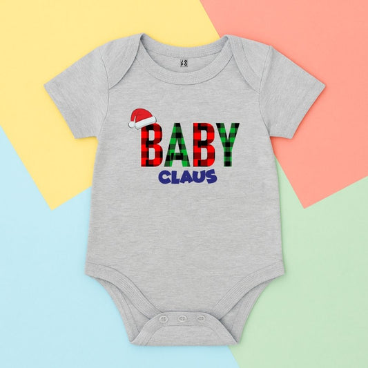 Grey baby onesie with 'Baby Claus' text 