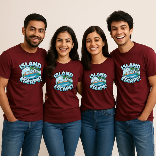 Group TShirt maroon 'Island Escape!' Print