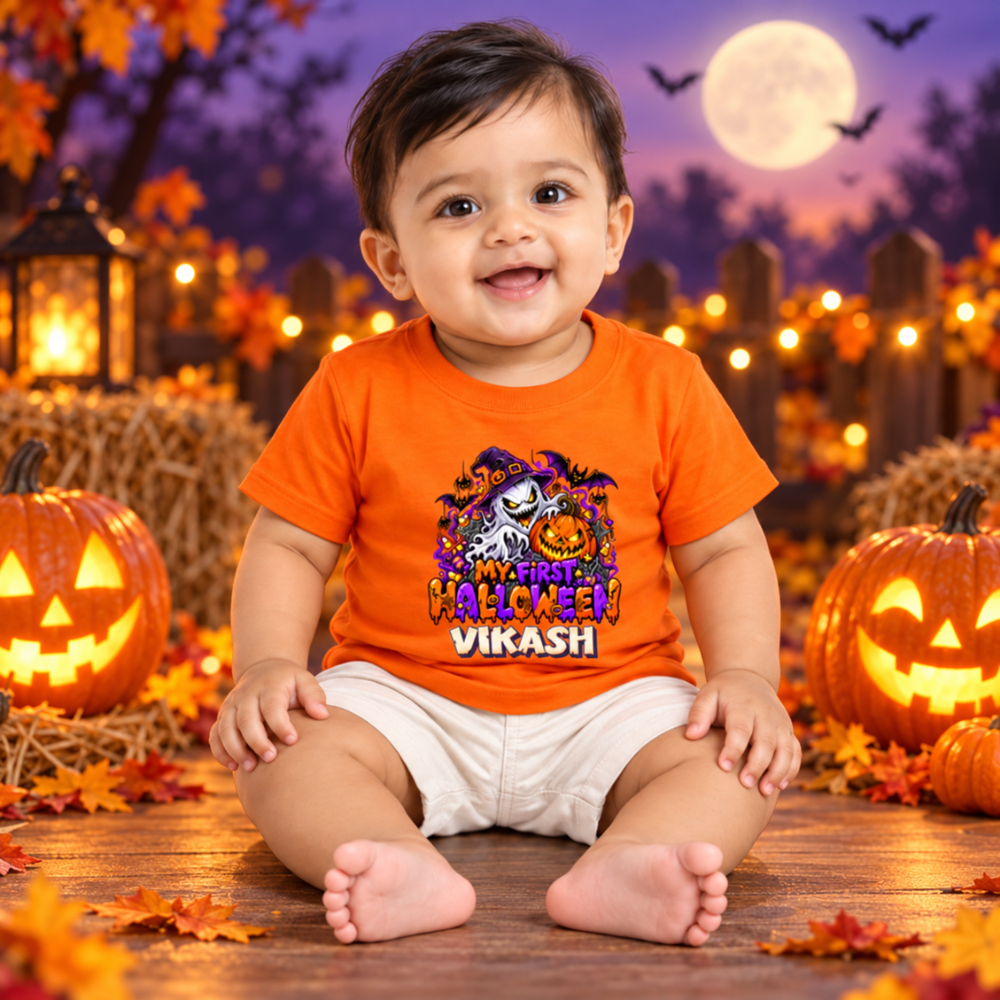 Girls Halloween T-Shirt – Cute Witch and Pumpkin Print - ORANGE - 6-12 Months (Chest 20")