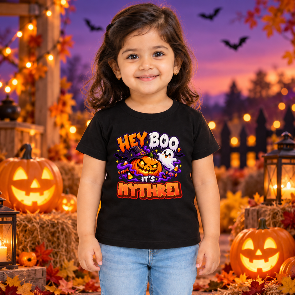 Personalised Kids Halloween T-Shirt – Boo Crew Name Print - BLACK - 6-12 Months (Chest 20")