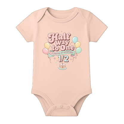 Half Birthday Baby Romper with Custom Name Print - BABY PEACH - 0 - 3 Months (Chest 18")