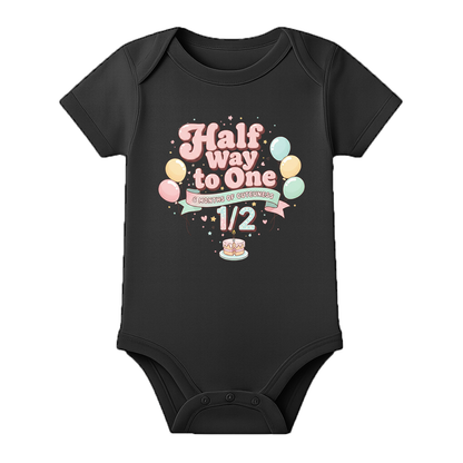 Half Birthday Baby Romper with Custom Name Print - BLACK - 0 - 3 Months (Chest 18")