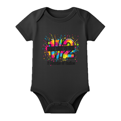 6 Months Baby Romper Custom Name Milestone Outfit - BLACK - 0 - 3 Months (Chest 18")