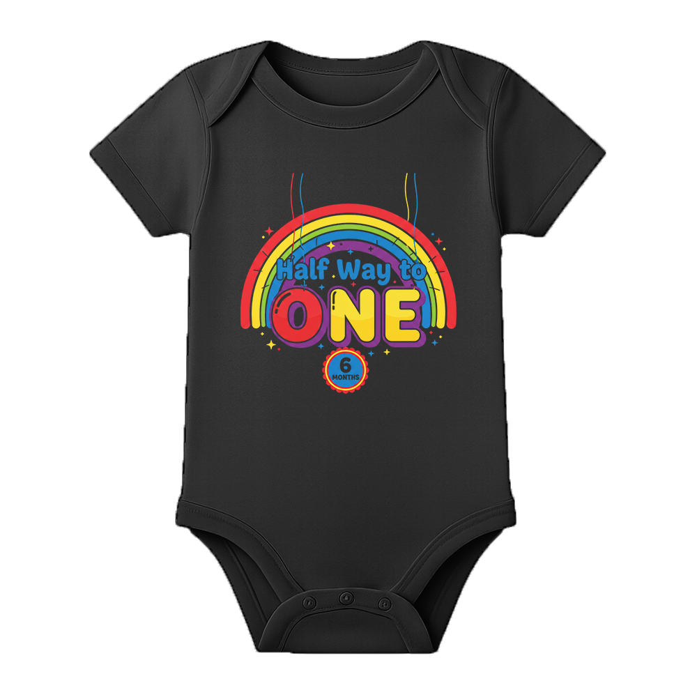 Half Birthday Baby Onesie with Name and Age Print - BLACK - 0 - 3 Months (Chest 18")