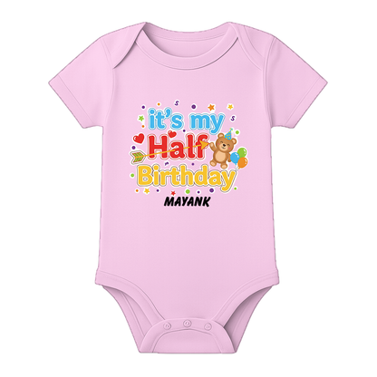 Half Birthday Celebration Baby Romper Customizable - BABY PINK - 0 - 3 Months (Chest 18")
