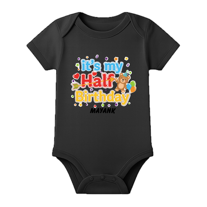 Half Birthday Celebration Baby Romper Customizable - BLACK - 0 - 3 Months (Chest 18")