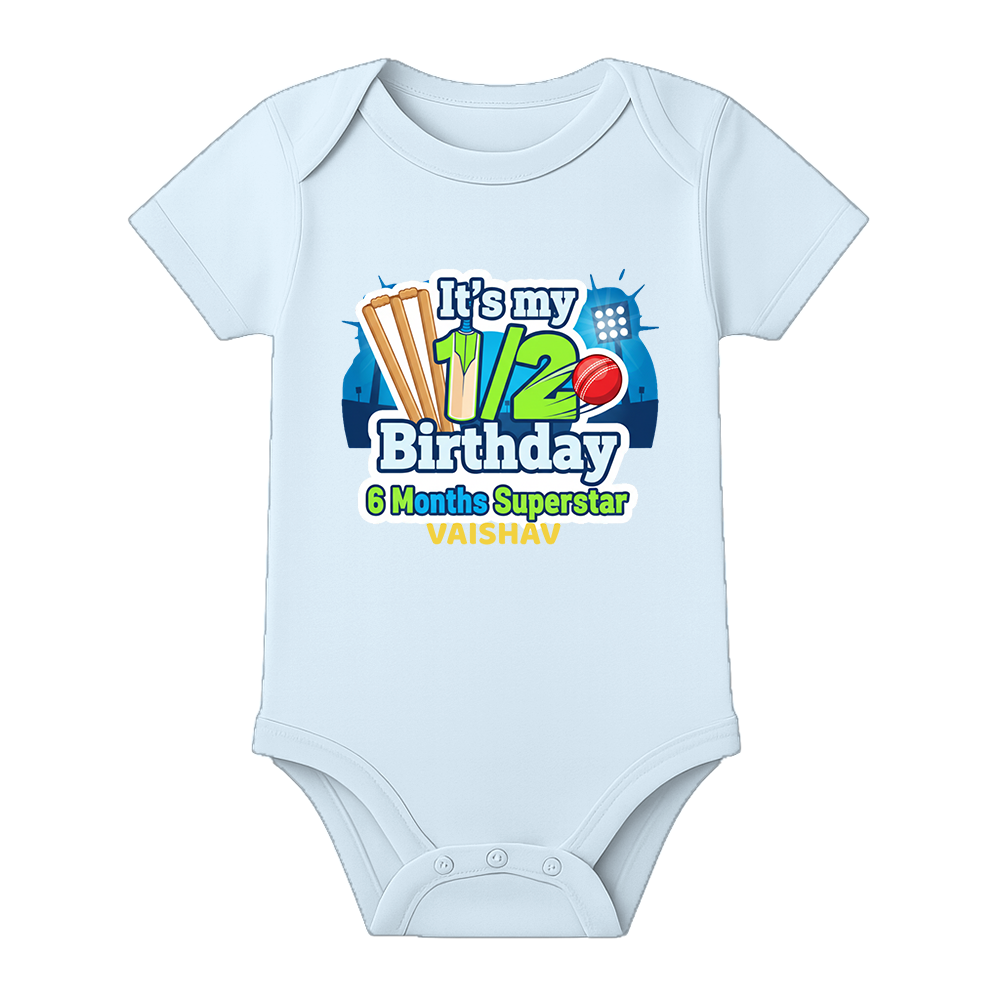 Half Birthday Baby Outfit Custom Name Printed Romper - BABY SKY - 0 - 3 Months (Chest 18")