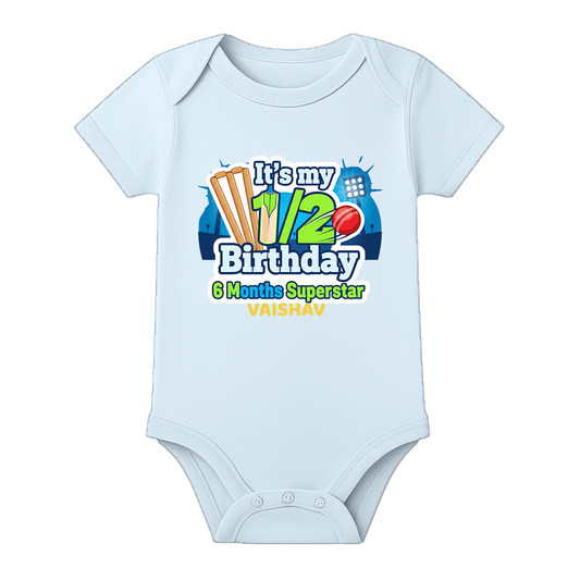 Half Birthday Baby Outfit Custom Name Printed Romper - BABY SKY - 0 - 3 Months (Chest 18")