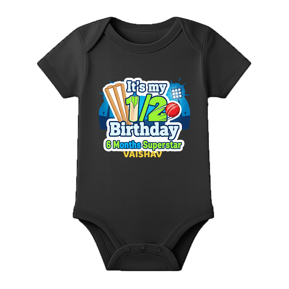 Half Birthday Baby Outfit Custom Name Printed Romper - BLACK - 0 - 3 Months (Chest 18")