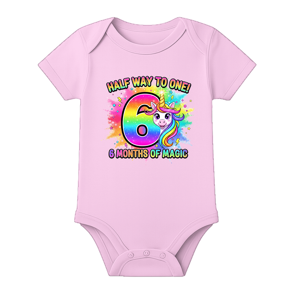 6 Months Milestone Baby Romper with Custom Name - BABY PINK - 0 - 3 Months (Chest 18")
