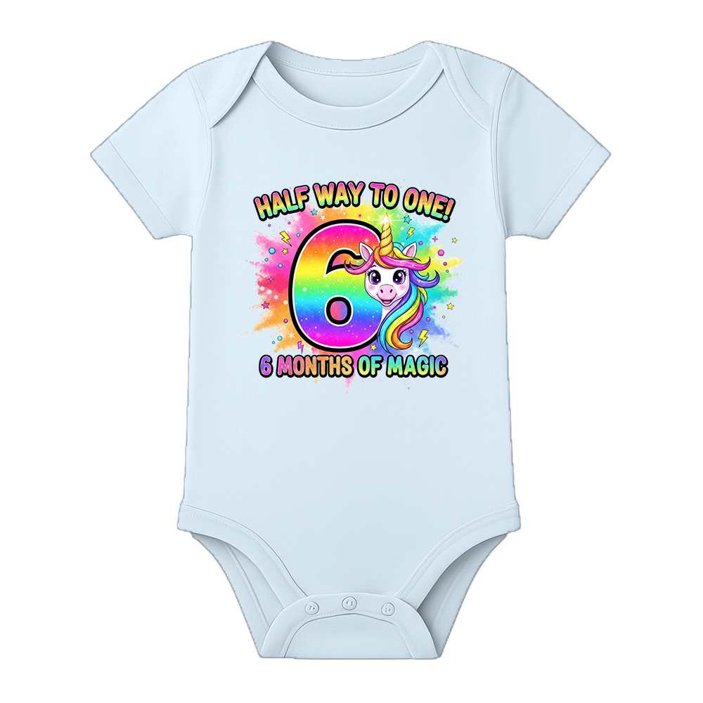 6 Months Milestone Baby Romper with Custom Name - BABY SKY - 0 - 3 Months (Chest 18")