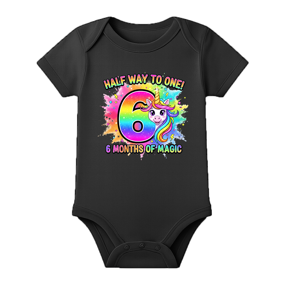 6 Months Milestone Baby Romper with Custom Name - BLACK - 0 - 3 Months (Chest 18")