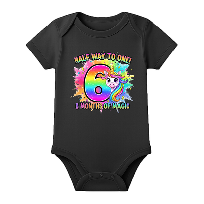 6 Months Milestone Baby Romper with Custom Name - BLACK - 0 - 3 Months (Chest 18")
