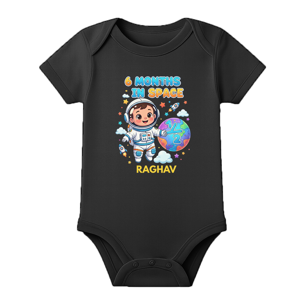 Six Months Baby Celebration Onesie Custom Name - BLACK - 0 - 3 Months (Chest 18")